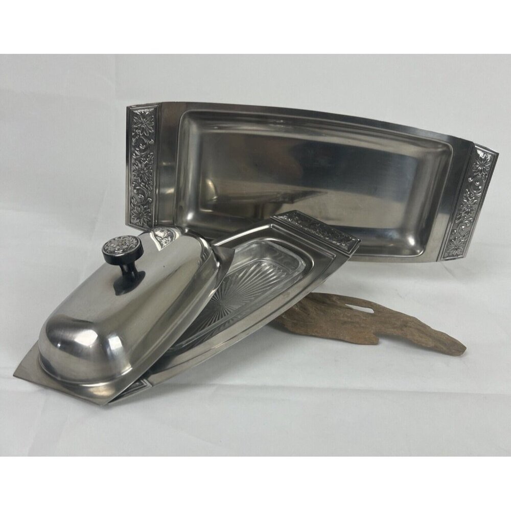 Stanley Roberts Stainless Steel Butter Dish Bread Tray Set Daisy Lane VTG MCM